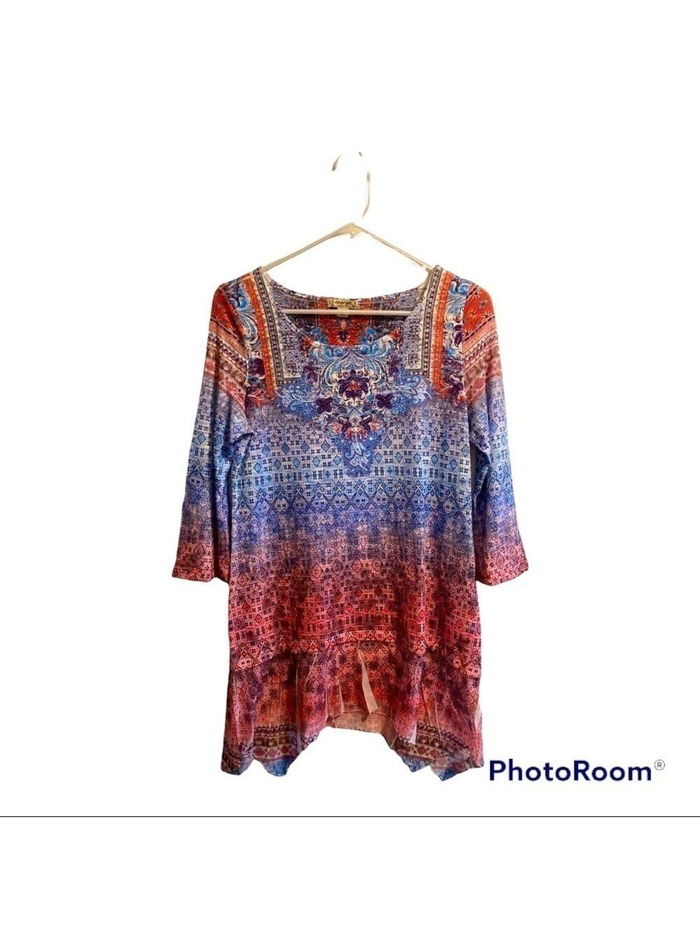 Energe Ombre Womens Small Tunic Blouse Blue Orange Pink w/ Sparkles!
